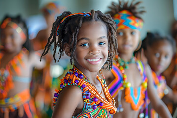 Fototapeta premium A joyful African girl in a colorful traditional outfit, smiling at the camera, with friends in similar attire in the background.