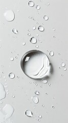 Close up of water drops on a white surface, reflecting light. High resolution photography. 