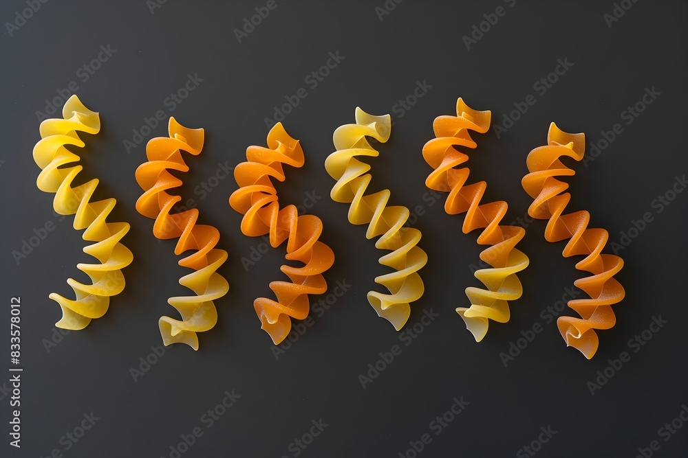 Poster a series of orange and yellow pasta noodles arranged in an s-shaped pattern on a dark grey backgroun