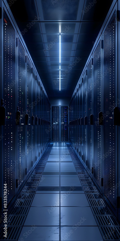 Poster blue neon lights illuminate a futuristic server room with rows of supercomputers.