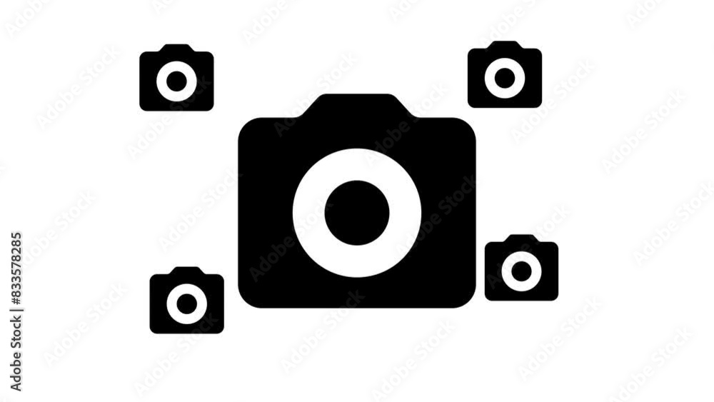 Poster zoom in and out animation the photo camera symbol. large black symbol in the center and four small s
