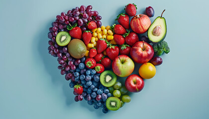 Artistic heart shape of diverse fruits and vegetables, emphasizing their heart health benefits