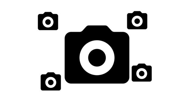Zoom in and out animation the photo camera symbol. Large black symbol in the center and four small symbols around. Seamless looped 4k animation on white background