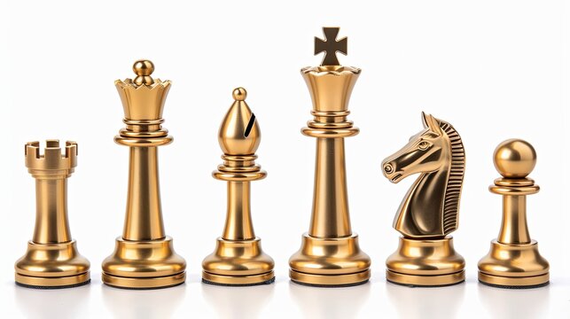 Set of luxury golden chess pieces isolated on white background. The photo of gold chess, king, rook, bishop, queen, knight, and pawn