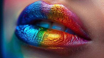 A close-up of lips painted in vibrant rainbow colors for pride celebration month, free speech, freedom, 