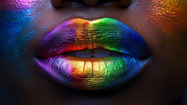 A close-up of lips painted in vibrant rainbow colors for pride celebration month, free speech, freedom, - Powered by Adobe