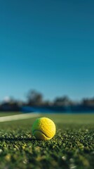 Close-up of a tennis ball on a grass court. High resolution photography. 