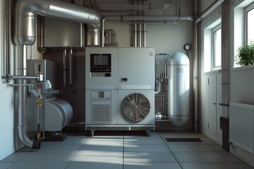 A modern water heating system in a residential basement featuring a water heater and expansion tank.
