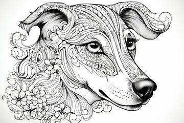 Detailed black and white hand-drawn mandala artwork featuring an intricate stylized floral dog illustration