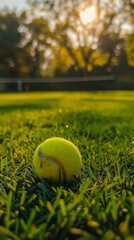 Close-up of a tennis ball on a grass court. High resolution photography. 