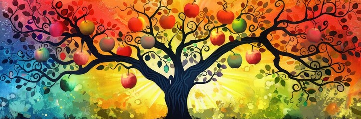 Surreal painting of a tree of life with rainbow branches and colorful apples.