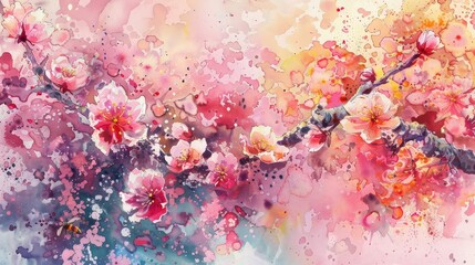 The watercolor painting shows a branch of a flowering tree against a blurred background