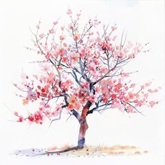 Fototapeta premium The watercolor painting shows a cherry blossom tree with delicate pink flowers against a white background
