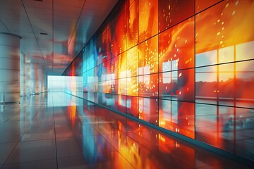 A large room with a wall of colorful images and a large window