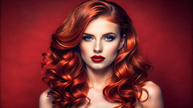 Mujer de pelo rojo maquillada y aislada sobre fondo rojo. Primer plano de chica pelirroja con maquillaje rojo. Hermoso cabello de ondas marcadas.