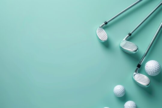 A golf course background with three golf clubs and three golf balls