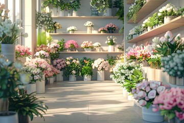 Fototapeta premium A light flower shop. counters with fresh flowers in vases. flower delivery, interior, wedding. Copy space 