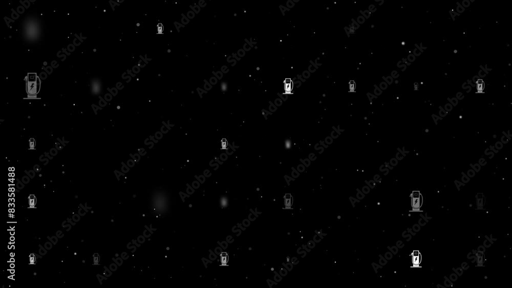 Poster template animation of evenly spaced electric charging station symbols of different sizes and opacity