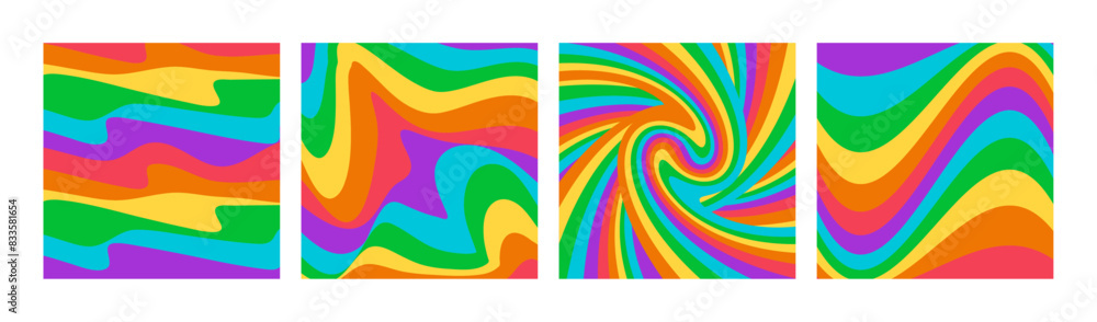 Poster Abstract square backgrounds set with colorful waves in Pride Flag colors. Trendy vector illustration in retro Y2k style