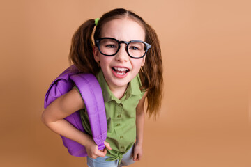 Photo of clever girl kid pupil look up impressed sales isolated pastel color background