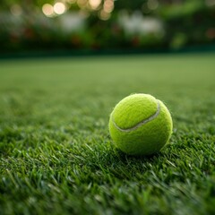 Close-up of a tennis ball on a grass court. High resolution photography. 