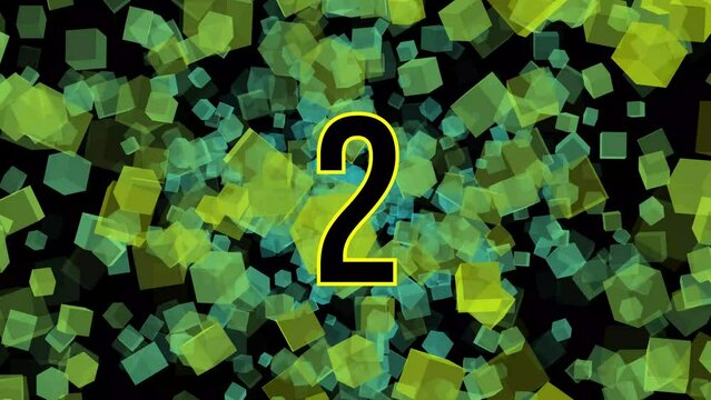 Animation of counting 1 to 15 with a background of scattering cubes or exploding cubes