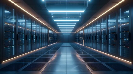 Fototapeta premium Modern Server Room with Blue Neon Lights and a Central Corridor