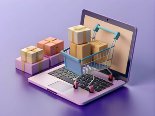3D render of E-commerce. Shopping cart on laptop