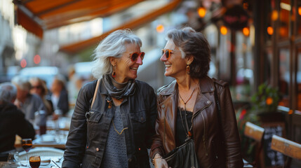 Fototapeta premium Two women in leather jackets walk side by side in a bustling urban cafe setting