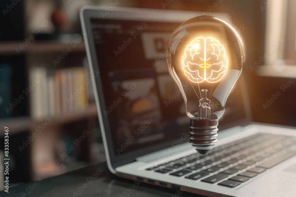 Poster a light bulb with a brain inside of it and a laptop computer. concept of idea, solution and creativi