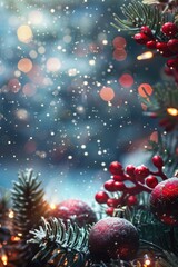 Close-up of a Christmas tree adorned with red baubles and golden lights