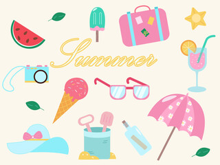 set of summer stickers, travel, vacation, vacation, vector flat illustrations, icons
