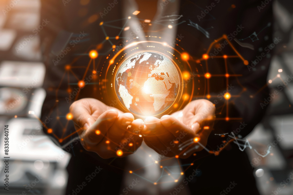 Poster businesswoman hands holding a glowing globe with network element, global networking and connection c