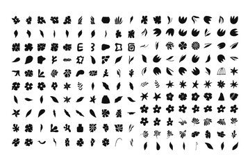 Set of flower and leaves silhouettes. Hand drawn floral design elements, icons, organic shapes. Wild and garden flowers, leaves. Black and white illustrations isolated on a white background