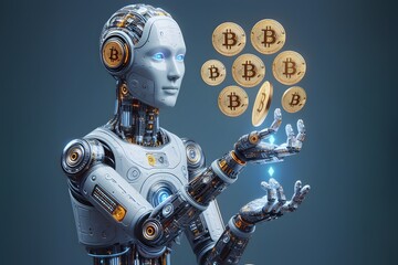 Naklejka premium Artificial intelligence playing bitcoin trading cryptocurrency blockchain manipulate market