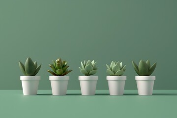 Obraz premium 3D render of cute succulents in white pots arranged in a row on a green background, in a minimalist style with a simple design 