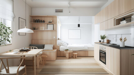 An open plan apartment with living area and small kitchen, small cozy modern apartment interior design