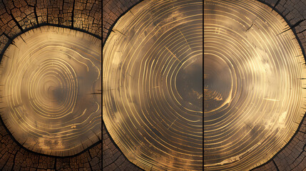 Set of templates. Luxury golden background with wood annual rings texture. Banner with tree ring pattern.