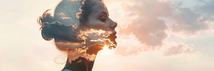 Double exposure of sad woman becomes happy and free People letting go of fears, sadness, grief and pain concept