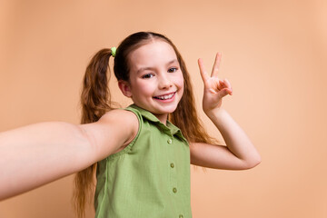 Photo of positive girl make selfie v sign isolated over pastel color background