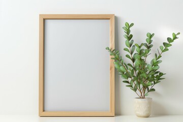 Mockup of a wooden frame in a simple white setting, ideal for displaying artwork, photos, or printed materials
