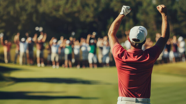Golfer celebrating a birdie, concept of victory and excitement, selective focus, golf course, vibrant, Multilayer, cheering spectators backdrop
