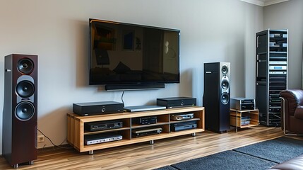 Stateoftheart home entertainment system in a contemporary family room, with a TV mounted on the wall, audio system, and wooden stand
