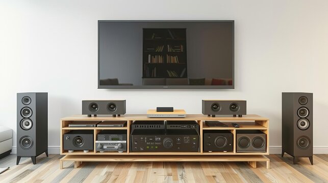 Stateoftheart home entertainment system in a contemporary family room, with a TV mounted on the wall, audio system, and wooden stand