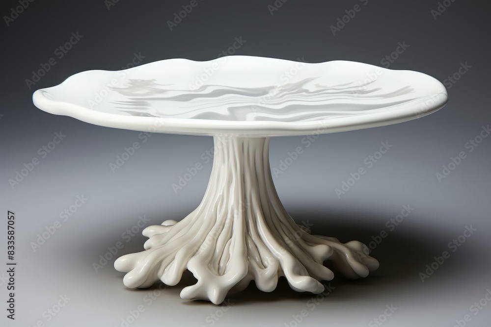 Poster unique ceramic table designed to mimic a fluid splash, isolated on a soft grey backdrop