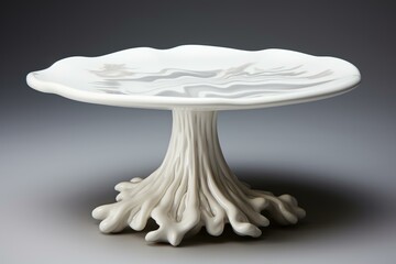Unique ceramic table designed to mimic a fluid splash, isolated on a soft grey backdrop