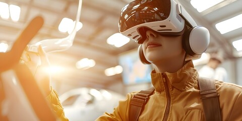 Student pilot using VR glasses for simulator training at aviation school. Concept Aviation Training, Virtual Reality, Pilot Education, Simulator Technology, Student Pilot