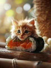 Playful Kitten in Sushi-Shaped Roll House