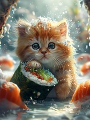 Cute Kitten in Sushi-Shaped Bowl House