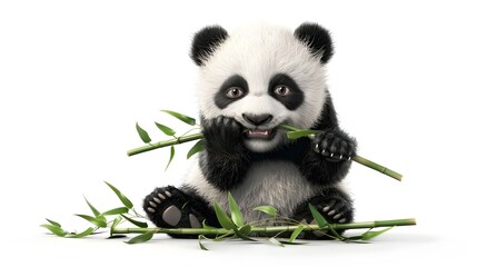 Obraz premium Adorable Chubby Baby Panda Chewing on Bamboo in 3D
